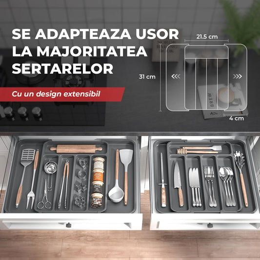 Organizator Elindor® pentru Tacamuri si Ustensile de Bucatarie, 5-7 Compartimente, Sertar Extensibil, Suport Ajustabil pentru Cutite, Linguri, Furculite, Accesorii Bucatarie, Separator Sertar, 31 × 21.5 × 4 cm, Gri