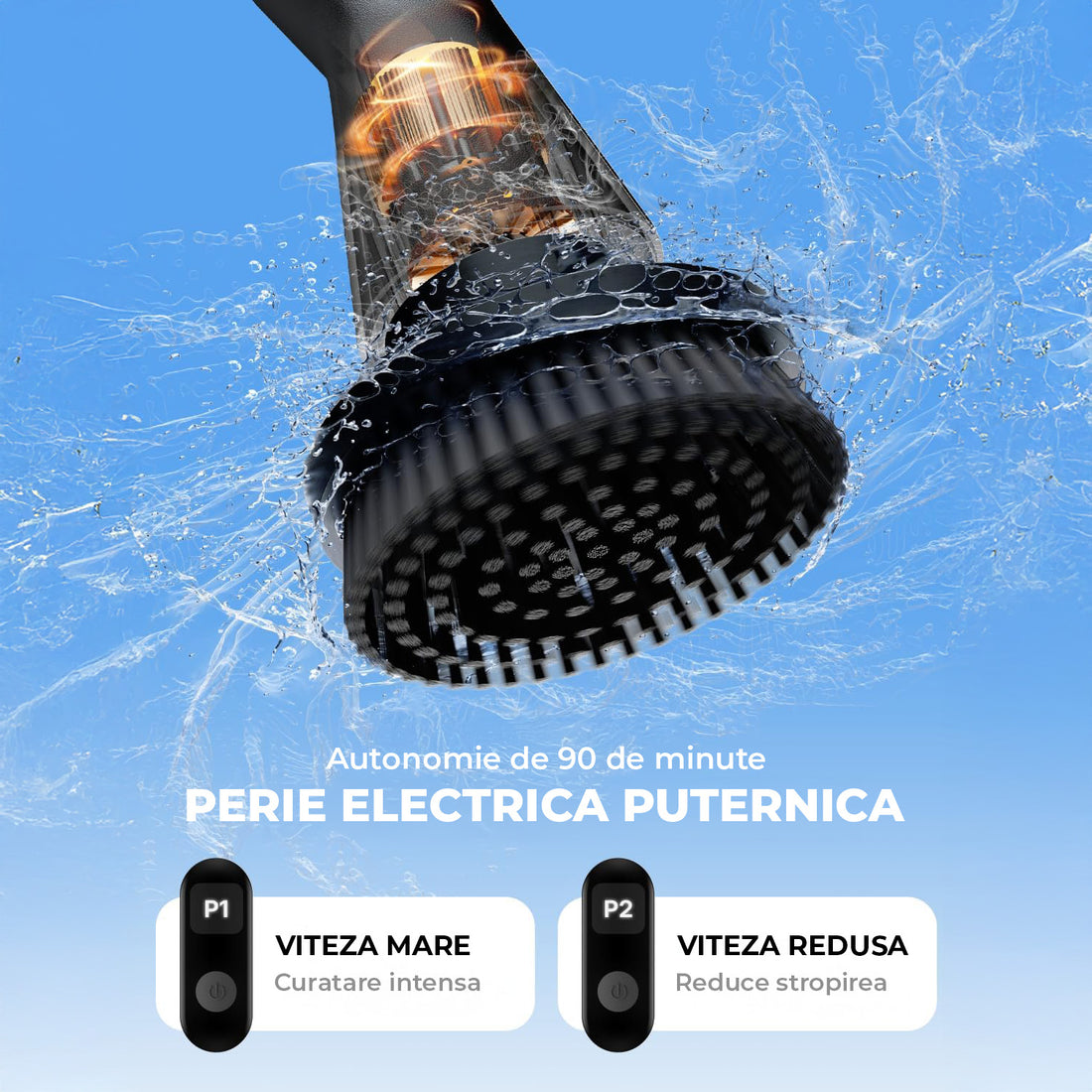Perie Electrica Rotativa Elindor®, IPX7, 7 Capete Interschimbabile, Maner Telescopic 71.2 cm din Otel Inoxidabil, 2 Trepte de Viteza, 90 Minute Autonomie, pentru Curatare Bucatarie, Baie, Pardoseala, Geamuri, Negru