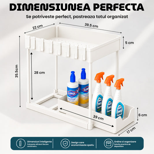 Organizator Multifunctional Elindor® pe 2 Niveluri, Sertar Glisant Organizare, pe Blat sau in Dulap sub Chiuveta, 16 Carlige, pentru Bucatarie, Baie, Camara, Bar, Raft cu Sertare Depozitare Legume, Detergenti, Parfumuri, 39.5x21.6x39 cm, Alb