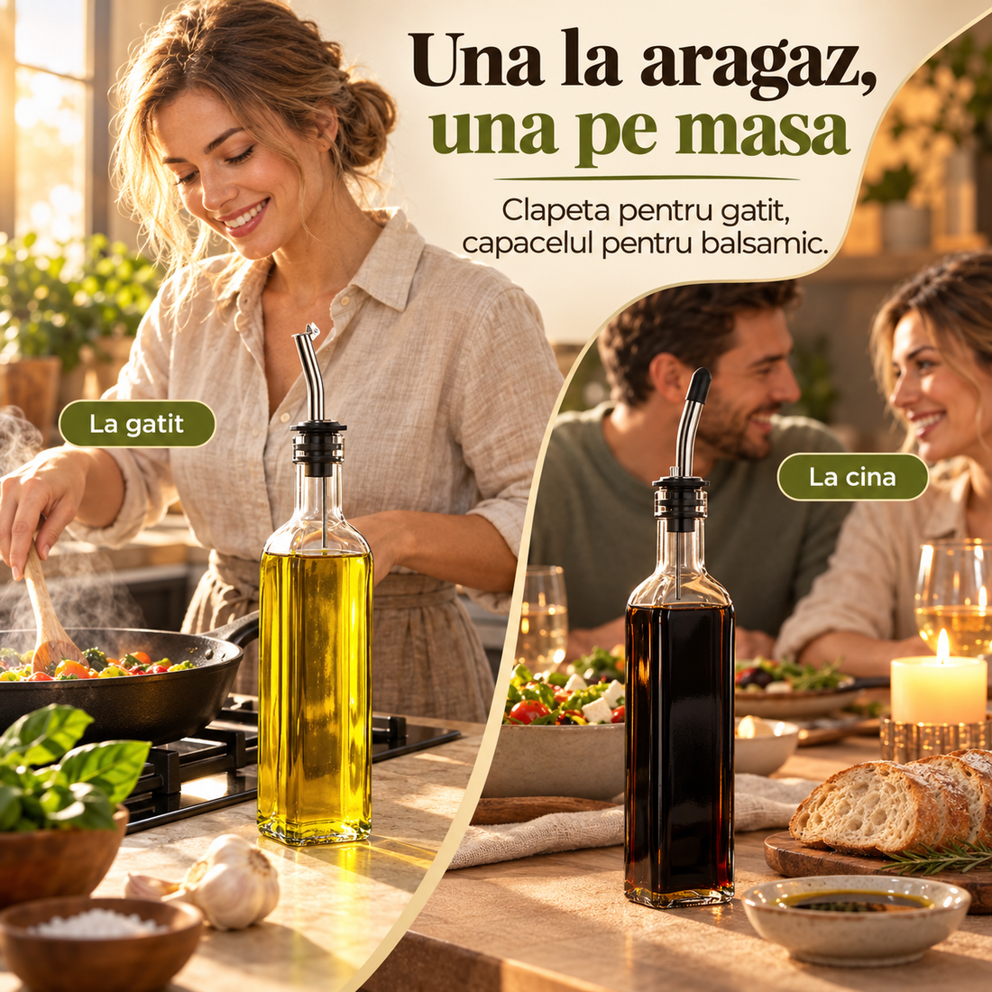 Set 2 Sticle pentru Ulei si Otet Elindor® 500ml, Oliviera Dozatoare Multifunctionala, Control Precis, pentru Gatit, Friteuza cu Aer, Salate, Material Sticla si Inox, Design Dual pentru Ulei si Otet, Transparent