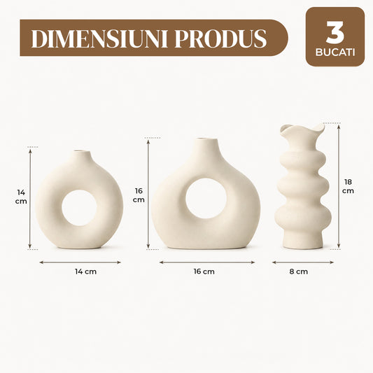 Set 3 Vaze Decorative Elindor® Ideale pentru Flori, Cadou de Casa Noua, Vaza Decorativa pentru Interior sau Exterior, Living, Birou, Dormitor, Hol, Terasa, Design Fin, Stil Boho, din Ceramica Alba