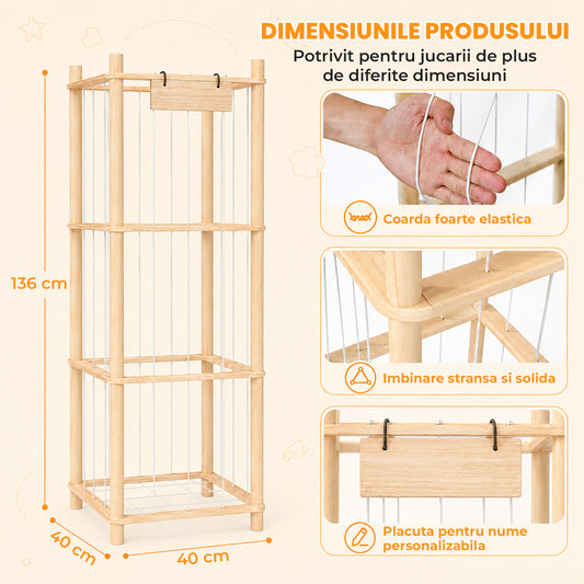 Raft pentru Jucarii Elindor® de Sine Statator, din Lemn, cu Coarda Verticala Elastica pentru Sustinere, cu Placuta pentru Nume, Suport pentru Plusuri, Organizare pentru Interior, Mobila pentru Camera Copilului, 40 x 40 x 136 cm, Bej / Alb
