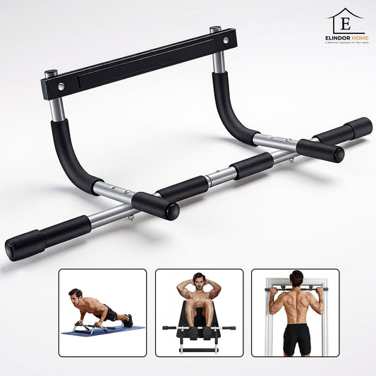 Bara Tractiuni Elindor® pentru Usa, Otel Intarit 1.7 mm, Greutate Maxima Suportata 200 kg, Manere Multiple Antialunecare, Protectie Dubla Silicon, Montaj fara Suruburi, Fitness Acasa si Sala, Negru