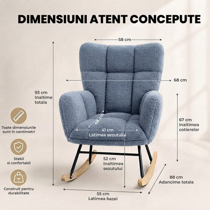 Fotoliu Balansoar Elindor® cu Spatar, Ergonomic, Cadru Solid din Otel, Ideal pentru Living, Dormitor, Camera Copilului, 68 x 88 x 93 cm, Albastru-Gri