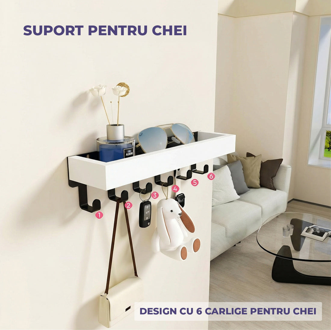 Suport pentru Chei din Lemn Elindor® pentru Perete, cu 6 Carlige, Maontare cu Adeziv sau Suruburi, Compact si Durabil, pentru Hol, Sufragerie, Bucatariei, Dormitor, 25 x 6 x 6 cm, Alb