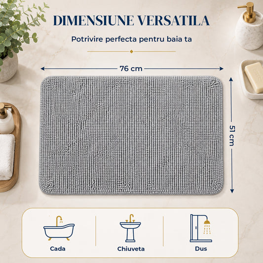 Covor de Baie Elindor® din Microfibra, Extra Moale si Pufos, cu Fibre Dense, Antiderapant, Absorbant, Dreptunghiular, Potrivit in Fata la Cada, Cabina de Dus, WC, Chiuveta, Model Uni, 76 x 51 cm, Gri