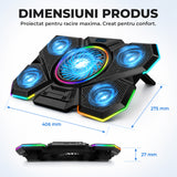 Cooler Laptop Gaming RGB Elindor® Suport cu Unghi Reglabil pe 7 Nivele, Viteza Ajustabila, Dimensiuni Compatabile 12-17 Inch, 5 Ventilatoare Puternice si Silentioase, 2 Porturi USB, pentru Birou, Calatorii, 40.6 x 27.5 x 2.9 cm, Negru