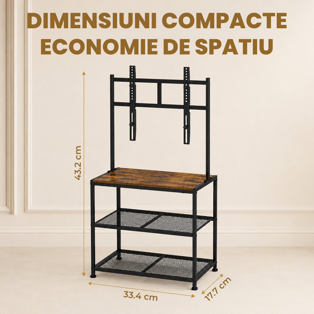 Suport TV Premium Elindor®, Stand cu Montaj pentru Televizoare 23-50 inch, Raft 3 Polite de Depozitare, Latime si Picioare Reglabile, din Cadru Metalic si Lemn, pentru Living si Dormitor, 43.2 x 33.4 x 17.7 cm, Maro Rustic