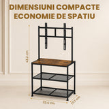 Suport TV Premium Elindor®, Stand cu Montaj pentru Televizoare 23-50 inch, Raft 3 Polite de Depozitare, Latime si Picioare Reglabile, din Cadru Metalic si Lemn, pentru Living si Dormitor, 43.2 x 33.4 x 17.7 cm, Maro Rustic