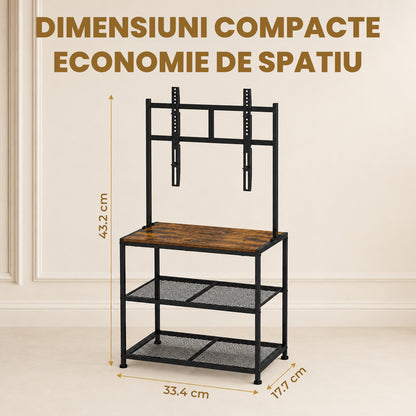 Suport TV Premium Elindor®, Stand cu Montaj pentru Televizoare 23-50 inch, Raft 3 Polite de Depozitare, Latime si Picioare Reglabile, din Cadru Metalic si Lemn, pentru Living si Dormitor, 43.2 x 33.4 x 17.7 cm, Maro Rustic