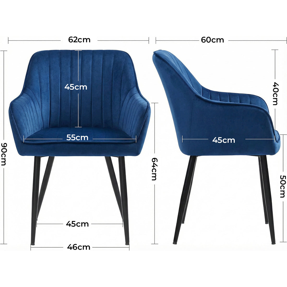 Set 2 Scaune Elindor® Ergonomice, Design Contemporan, Scaun cu Spatar si cu Manere, din Catifea cu Picioare Metalice Negre, Potrivite pentru Living, Bucatarie, Birou, Dormitor, 90x60x45 cm, Albastru