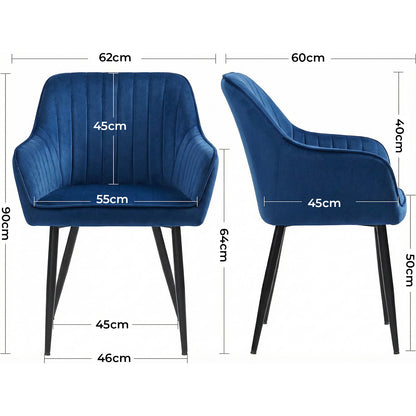 Set 2 Scaune Elindor® Ergonomice, Design Contemporan, Scaun cu Spatar si cu Manere, din Catifea cu Picioare Metalice Negre, Potrivite pentru Living, Bucatarie, Birou, Dormitor, 90x60x45 cm, Albastru