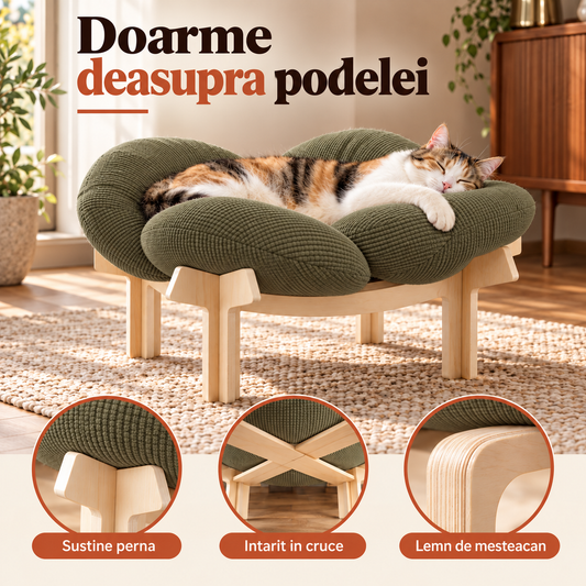 Pat Confortabil pentru Pisici Elindor® Elevat, Asimetric, Culcus Moale Antiderapant, Potrivit pentru Pisica de Talie Medie si Mare, Sustine pana la 18 kg, Ideal in Orice Anotimp, in Casa, 55 x 55 x 25 cm, Kaki