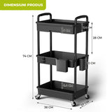Carucior Organizator 3 Niveluri Elindor®, cu 1 Sertar si Roti 360°, Organizator Bucatarie, Multifunctional, Raft Mobil Organizare Baie, Camara, Birou, Bar,38 x 27 × 74 cm, Negru