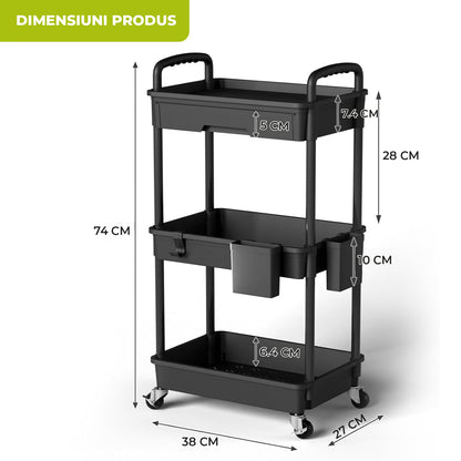 Carucior Organizator 3 Niveluri Elindor®, cu 1 Sertar si Roti 360°, Organizator Bucatarie, Multifunctional, Raft Mobil Organizare Baie, Camara, Birou, Bar,38 x 27 × 74 cm, Negru