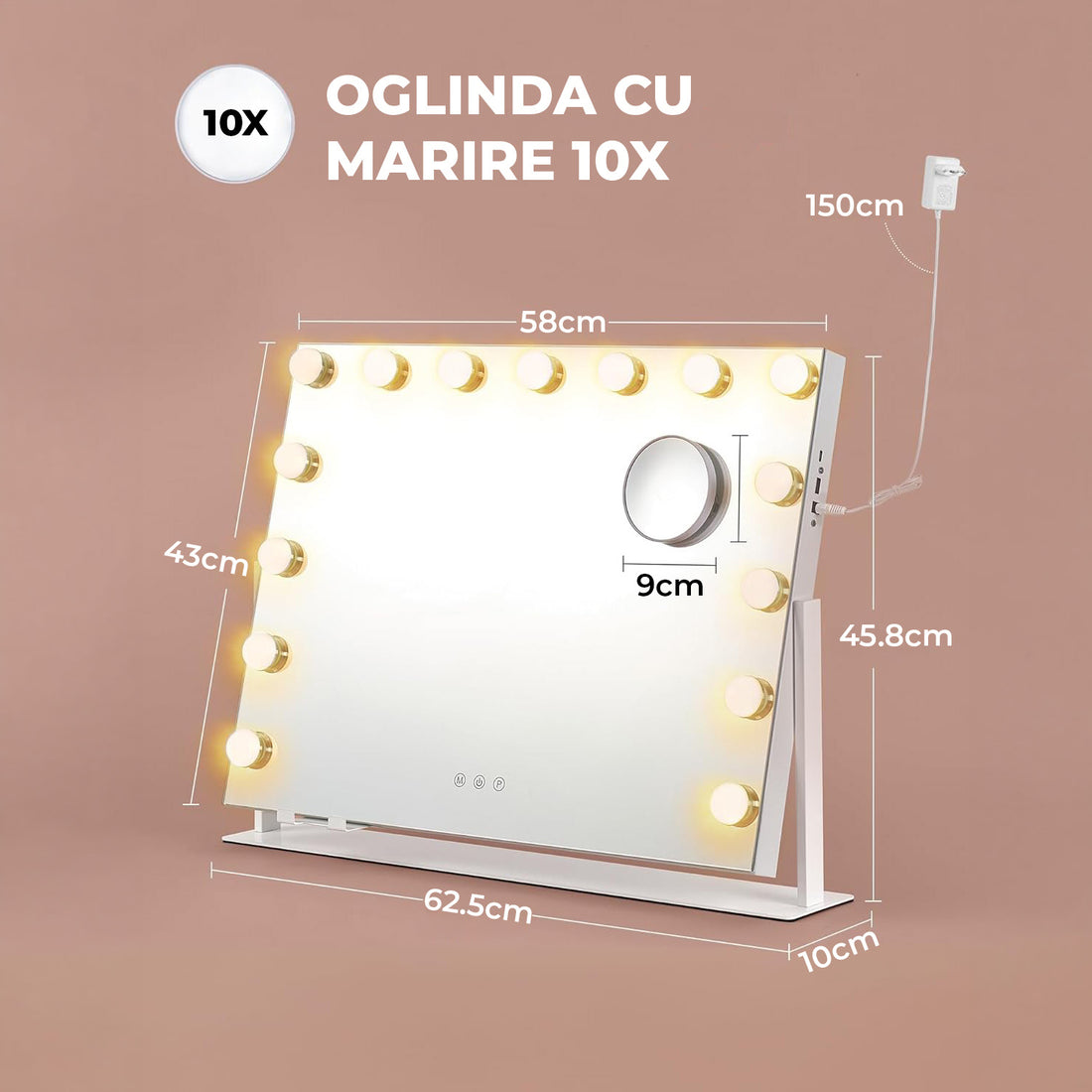 Oglinda Cosmetica Iluminata Led 360° Elindor® de Masa, Buton Touch, Luminozitate Ajustabila, Efect de Marire Lupa 10X, Oglinzi Cosmetice pentru Coafor, Barbierit, Pensat, Vopsit, Tuns si Machiaj, Frizerie, 58X43 cm, Alb