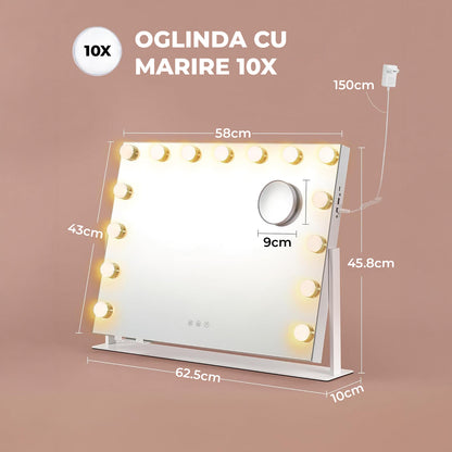 Oglinda Cosmetica Iluminata Led 360° Elindor® de Masa, Buton Touch, Luminozitate Ajustabila, Efect de Marire Lupa 10X, Oglinzi Cosmetice pentru Coafor, Barbierit, Pensat, Vopsit, Tuns si Machiaj, Frizerie, 58X43 cm, Alb