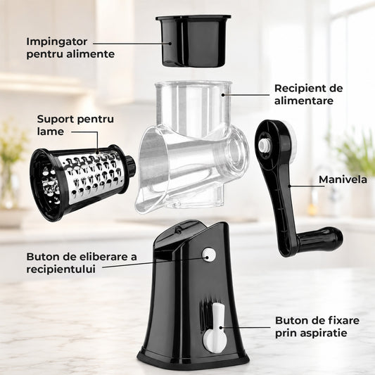 Razatoare Rotativa 5 in 1 Elindor® cu Maner, Lame din Otel Inoxidabil, Tocator Legume, Razatoare Branza, Nuci, Morcovi, Varza, Ustensila de Bucatarie, Design Compact, Multifunctional, Negru