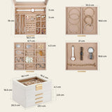 Cutie de Bijuterii Elindor® cu Capac, Organizator 4 Niveluri, 3x Sertar, Spatiu de Depozitare Inel, Verighete, Lantisoare, Bratari, Cercei, Caseta din Material Catifelat, Design Rafinat, Simplu si Elegant, Piele Ecologica, Bej