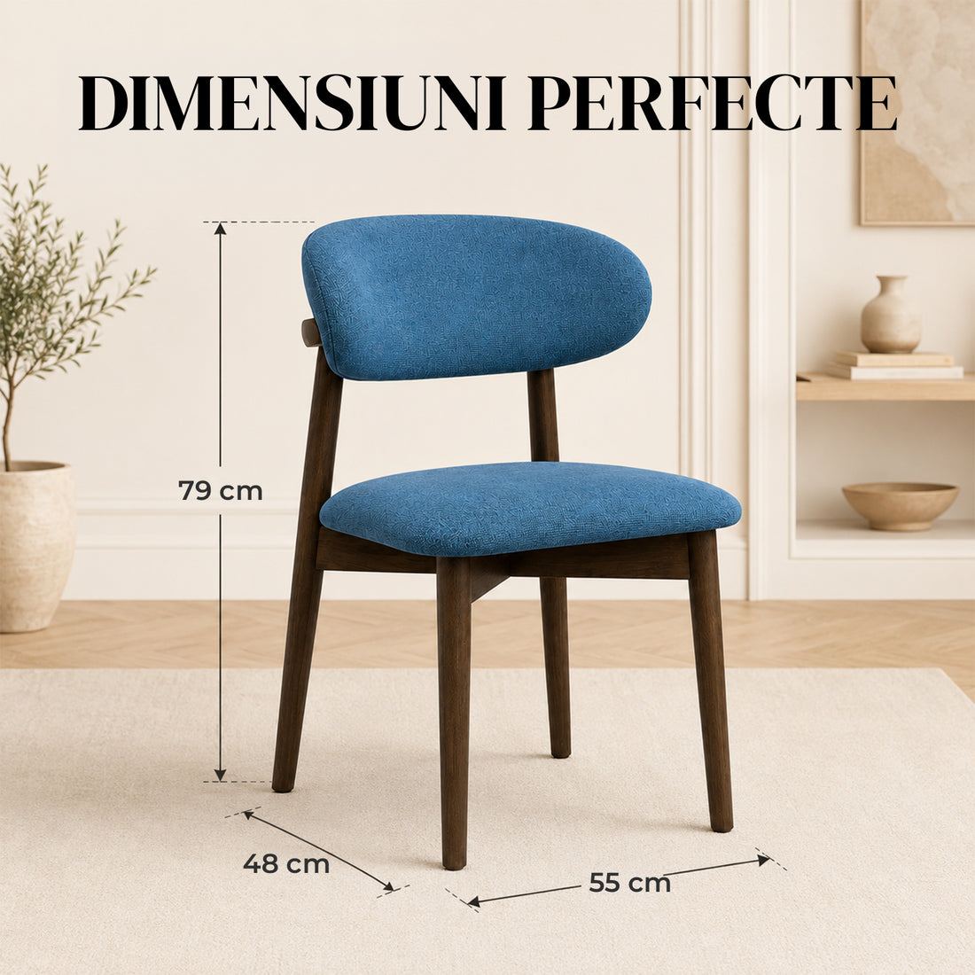 Set 2 Scaune Elindor® Ergonomice, Design Contemporan, Scaun cu Spatar si fara Manere, din Bumbac si In cu Picioare Maro Inchis, Potrivite pentru Living, Bucatarie, Birou, Dormitor, Albastru Inchis