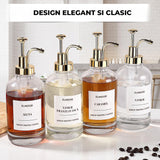 Set 4 Dispensere Sirop Cafea Elindor® din Sticla cu Pompa Aurie Inox si Plastic, Organizator Bucatarie, Organizatoare Sertar, Recipient 500 ml, 22 × 8.1 cm, Transparent