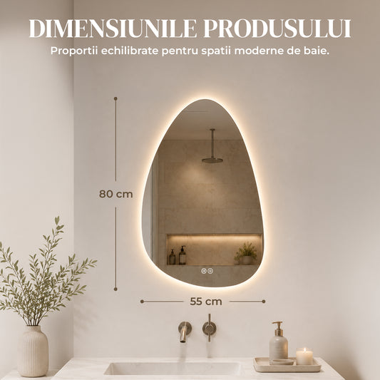 Oglinda de Perete Elindor® Asimetrica, fara Rama, Decorativa, Verticala / Orizontala, Eleganta, Ideala pentru Baie, Birou, Hol, Living, Dressing, Iluminare Led, Intensitate Ajustabila, Antiaburire, 80 x 55 cm
