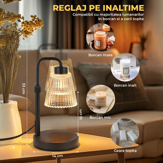 Lampa de Incalzire Lumanari Elindor® cu Abajur din Sticla, Corp Metalic, Stil Minimalist, pentru Evenimente si Ambient Aacsa, Material Durabil, pentru Spatii Decorative, Sfesnic Lumanare Elegant, Cadou Ideal pentru Mama, Aranjamente, 33x15 cm, Negru
