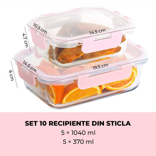 Set 10 Caserole Elindor® din Sticla, Recipiente Ingrediente pentru Bucatarie, pentru Alimente Uscate, Recipient pentru Depozitare Zahar, Cafea, Paste, Cereale, Capac Etans, Potrivit pentru Congelator, 370 - 1040 ml, Roz
