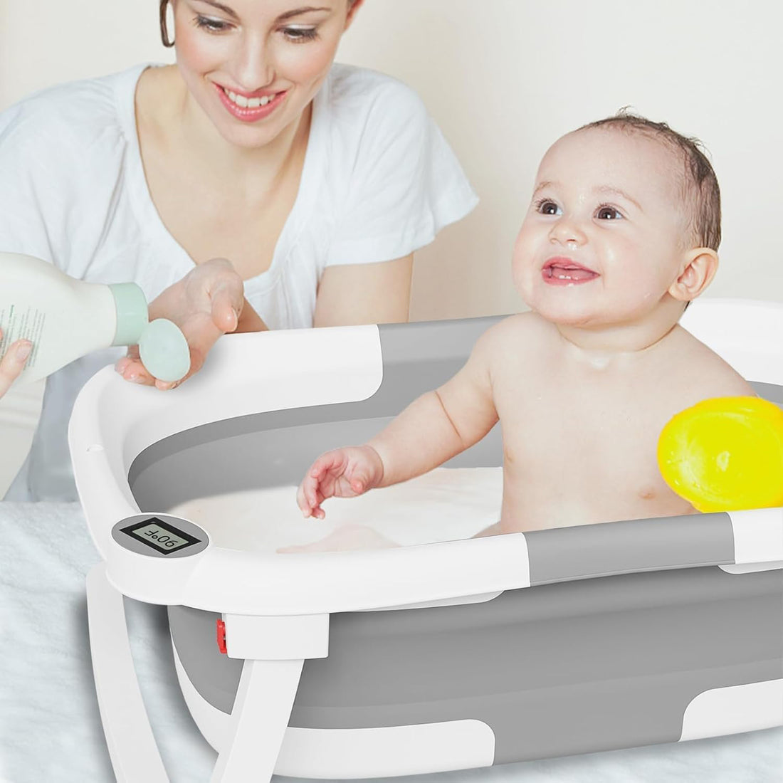 Cadita Pliabila Bebe Elindor® cu Senzor de Temperatura, cu Perna Moale Detasabila, Orificiu Scurgere, pentru Nou-Nascuti si Copii 0–36 Luni, Design Portabil, Ideal pentru Acasa sau Calatorii 60.5 × 43 × 20.5 cm, Gri