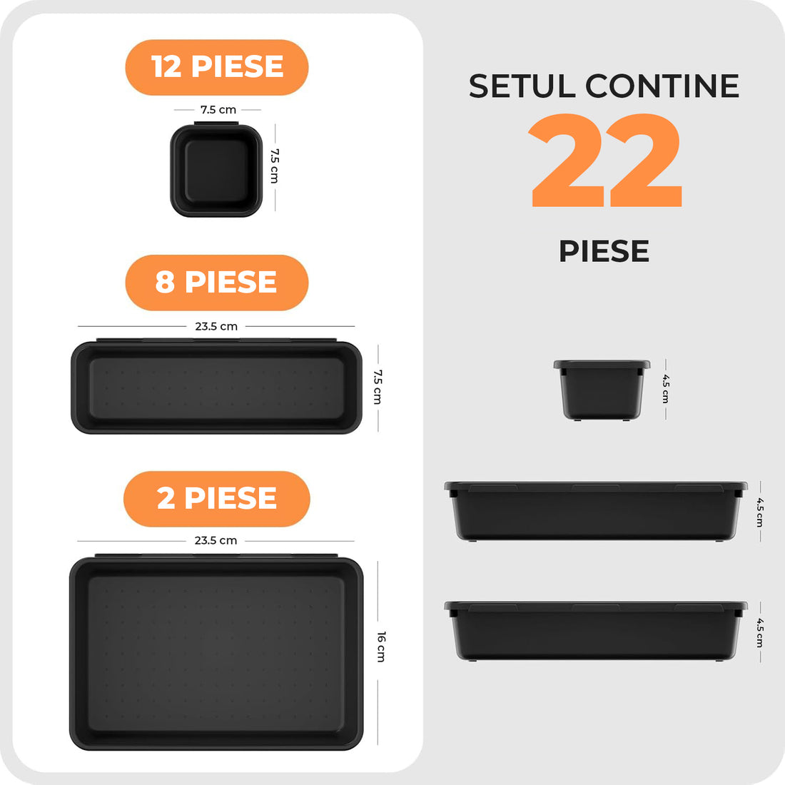 Set 22 Cutii Depozitare Elindor® Organizator pentru Bucatarie si Baie, 3 Marimi, Organizatoare Dulap si Sertare, Cutie pentru Sertar, Frigider, Camara, Baie, Bar, Birou, Cos Multifunctional, Separator Fructe, Legume, Creme, Parfumuri, PP