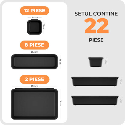 Set 22 Cutii Depozitare Elindor® Organizator pentru Bucatarie si Baie, 3 Marimi, Organizatoare Dulap si Sertare, Cutie pentru Sertar, Frigider, Camara, Baie, Bar, Birou, Cos Multifunctional, Separator Fructe, Legume, Creme, Parfumuri, PP