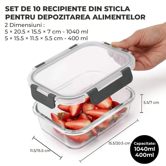 Set de 10 Caserole Elindor® din Sticla, Recipiente Ingrediente pentru Bucatarie, pentru Alimente Uscate, Recipient pentru Depozitare Zahar, Cafea, Paste, Cereale, Capac Etans