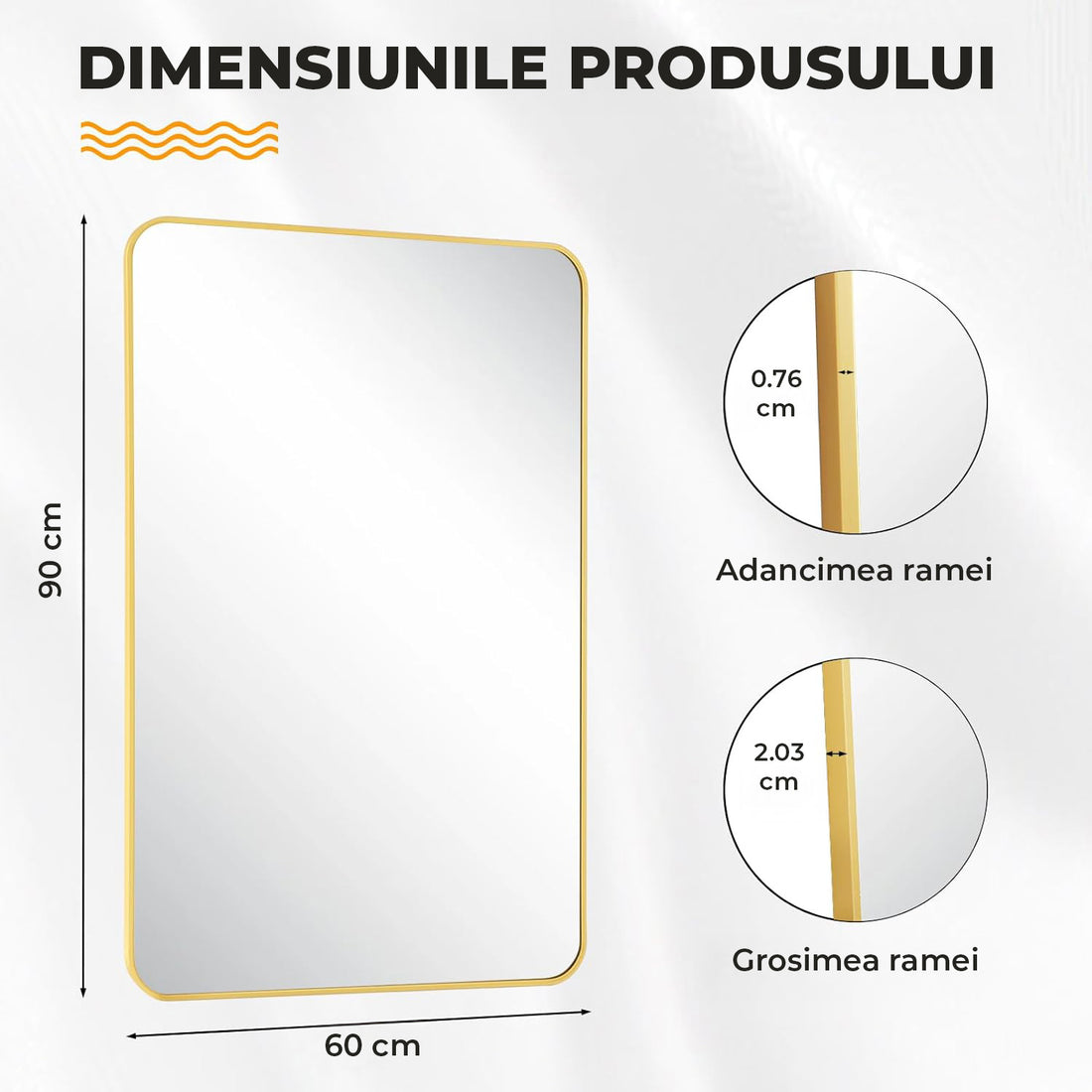 Oglinda Decorativa Elindor® Agatare pe Perete sau Sprijinita, Aurie, Dreptunghiulara, Colturi Rotunjite, Moderna si Eleganta, Reflexie HD, Sticla fara Distorsiuni, Ideala pentru Dormitor, Living, Birou, Dressing, Hol, Baie, Rama Metalica, 90x60 cm