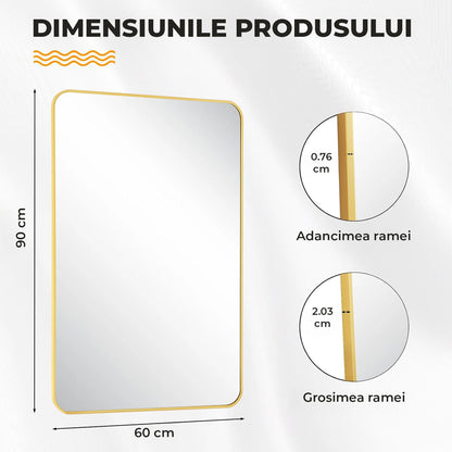 Oglinda Decorativa Elindor® Agatare pe Perete sau Sprijinita, Aurie, Dreptunghiulara, Colturi Rotunjite, Moderna si Eleganta, Reflexie HD, Sticla fara Distorsiuni, Ideala pentru Dormitor, Living, Birou, Dressing, Hol, Baie, Rama Metalica, 90x60 cm
