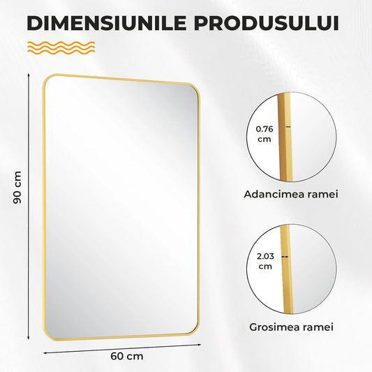 Oglinda Decorativa Elindor® Agatare pe Perete sau Sprijinita, Aurie, Dreptunghiulara, Colturi Rotunjite, Moderna si Eleganta, Reflexie HD, Sticla fara Distorsiuni, Ideala pentru Dormitor, Living, Birou, Dressing, Hol, Baie, Rama Metalica, 90x60 cm