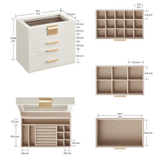 Cutie de Bijuterii Elindor® cu Capac, Organizator 4 Niveluri, 3x Sertar, Spatiu de Depozitare Inel, Verighete, Lantisoare, Bratari, Cercei, Caseta din Material Catifelat, Design Rafinat, Simplu si Elegant, Piele Ecologica Neagra, 15.2×25.1