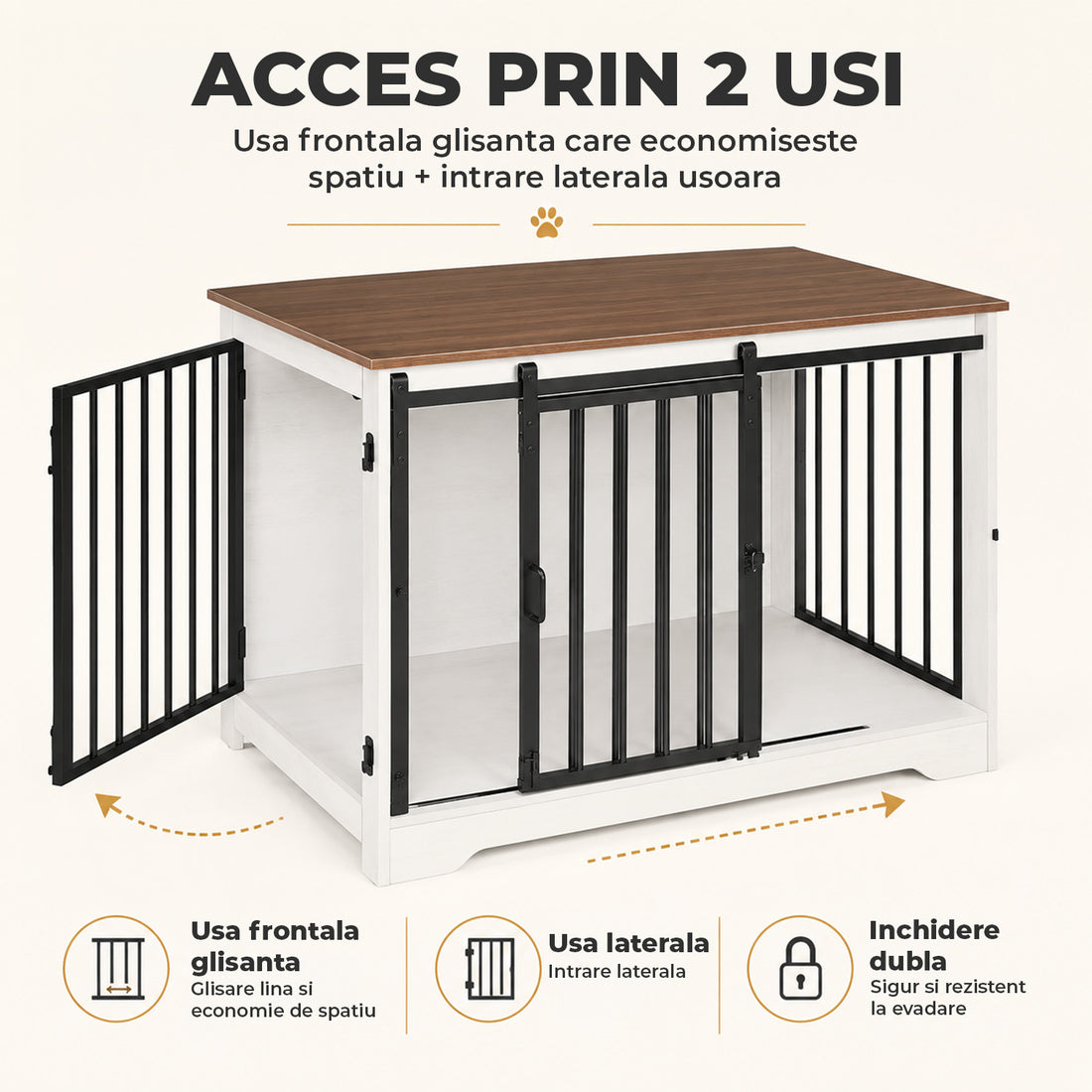 Cusca pentru Animale Elindor® Tip Mobila, Potrivita pentru Caini de Talie Medie, Utilizare in Interior, cu 2 Usi, o Usa Glisanta, Baza Solida, Marime L, 100 x 60 x 68 cm, Alb / Maro