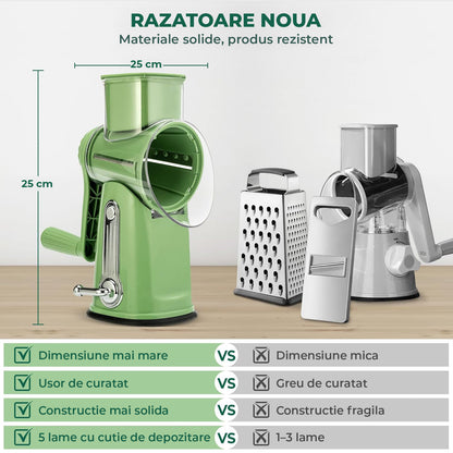 Razatoare Rotativa 5 in 1 Elindor® cu Maner, Lame din Otel Inoxidabil, Tocator Legume, Razatoare Branza, Nuci, Morcovi, Varza, Ustensila de Bucatarie, Design Compact, Multifunctional, Verde