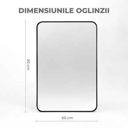 Oglinda Decorativa 90x60 cm Elindor® Agatare pe Perete sau Sprijinita, Rama Neagra, Dreptunghiulara, Colturi Rotunjite, Moderna si Eleganta, Reflexie HD, Sticla fara Distorsiuni, Ideala pentru Dormitor, Living, Birou, Dressing, Hol, Baie
