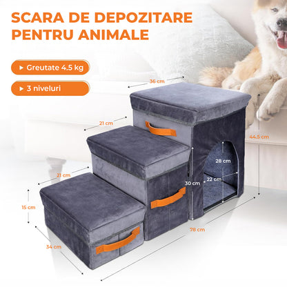 Scari Animale Elindor®, 3 Trepte pentru Caini si Pisici cu Spatiu Depozitare, Trepte Antiderapante pentru Pat sau Canapea, Structura din Placa de Inalta Densitate si Material Textil, pentru Dormitor, Living, 78 x 45 x 34 cm, Gri