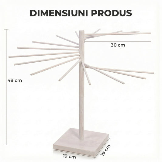 Suport XXL din Lemn Elindor® pentru Uscat Paste Fainoase, cu 16 Brate Detasabile, Inaltime Totala 48 cm, Lungime Barte 30 cm, Udor de Depozitat si Rapid de Montat, Maro