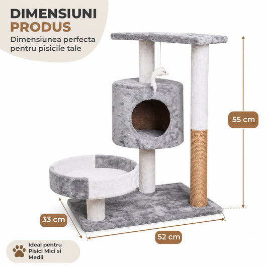 Ansamblu de Joaca Elindor® pentru Pisici, Post pentru Zgariat din Sisal, 3 x Pat Moale / Zone de Dormit, Baza Solida, Accesorii Animale de Companie, Montare Usoare, Gri / Alb