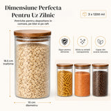 Set 3 Borcane din Sticla Elindor® cu Capac Ermetic din Bambus, Borcan 1200 ml, Marker si Etichete Incluse, Ideal pentru Condimente, Fructe Uscate, Cafea, Zahar, Recipient Depozitare in Bucatarie, 18.5 × 10 cm, Transparent