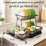 Scurgator de Vase Extensibil Elindor®, Suport Farfurii Chiuveta, Uscator Vesela, Tacamuri, Capace, Oale, Tigai, Pahare, Tocator, Tava din Plastic cu Scurgere Automata, Organizator Bucatarie Multifunctional, Otel Carbon, 54 x 42 x 37.5 cm, Negru