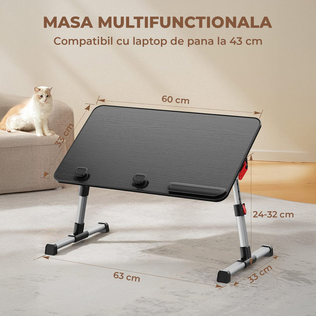 Masa Pliabila pentru Laptop Elindor® Antiderapanta, 4 Unghiuri de Inclinare, 5 Niveluri Inaltime, Birou Portabil Utilizare in Orice Loc, Ideala la Munca sau Mic Dejun la Pat, 60 × 33 × 24 cm, Negru