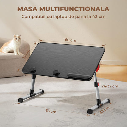 Masa Pliabila pentru Laptop Elindor® Antiderapanta, 4 Unghiuri de Inclinare, 5 Niveluri Inaltime, Birou Portabil Utilizare in Orice Loc, Ideala la Munca sau Mic Dejun la Pat, 60 × 33 × 24 cm, Negru