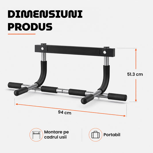 Bara Tractiuni pentru Usa Elindor®, Otel Intarit 1.7 mm, Greutate Maxima Suportata 200 kg, Manere Multiple Antialunecare, Montaj fara Suruburi, Fitness Acasa si Sala, Negru