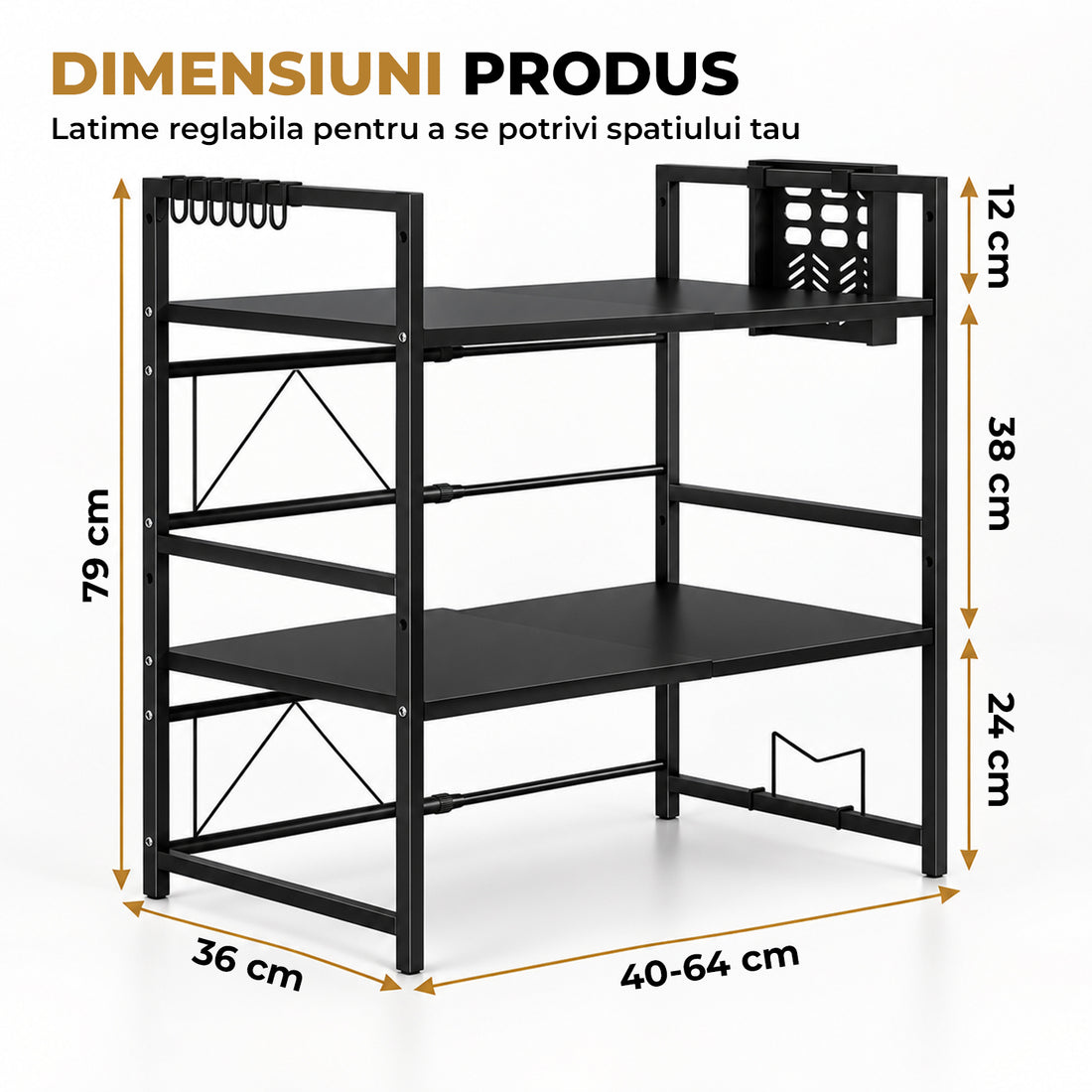 Raft Extensibil Elindor® pe 2 Niveluri, din Otel Carbon, pentru Bucatarie, Organizator Metalic Reglabil, Ideal ca Etajera Depozitare in Camara, Perfect pentru Condimente, Polita Vesela, Farfurii, 40-64 x 36 x 79 cm, Negru