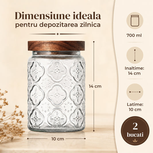 Set 2 Borcane din Sticla Elindor®  Capac Din Lemn, Design Vintage Sculptat, 700 ml, Recipiente Etanse pentru Depozitare, pentru Cafea, Zahar, Faina, Biscuiti si Organizare Bucatarie, 14 x 10 cm, Transparent