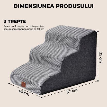 Scari Animale Elindor®, 3 Trepte pentru Caini si Pisici cu Spatiu Depozitare, Trepte Antiderapante pentru Pat sau Canapea, Structura din Placa de Inalta Densitate si Material Textil, pentru Dormitor, Living, 40 × 57 × 35 cm, Gri
